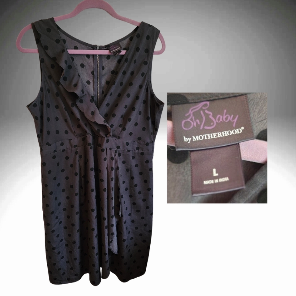 Oh Baby by Motherhood sleeveless ruffle front grey polka dotted dress sz L VGUC
